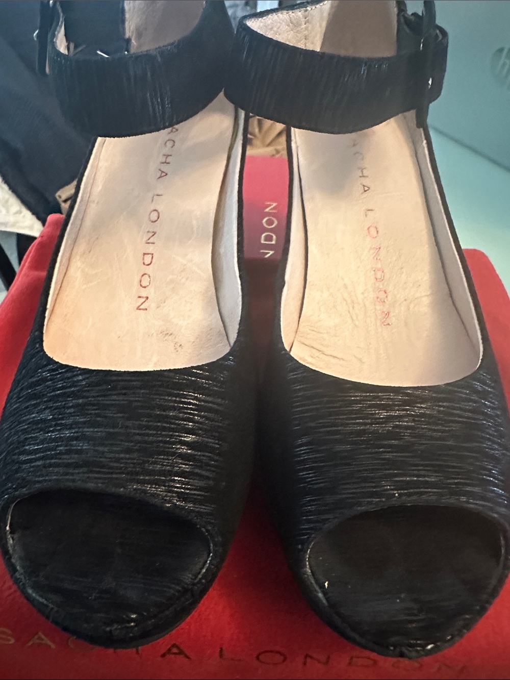 Sacha London Black Textured Peep-Toe Ankle Strap Heels
